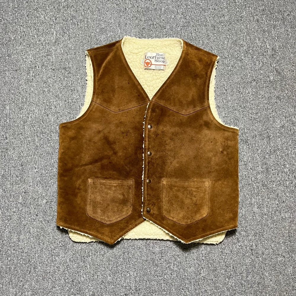 Vintage Sears The Leather Shop Vest Size M Brown Suede Shearling Western 70s
